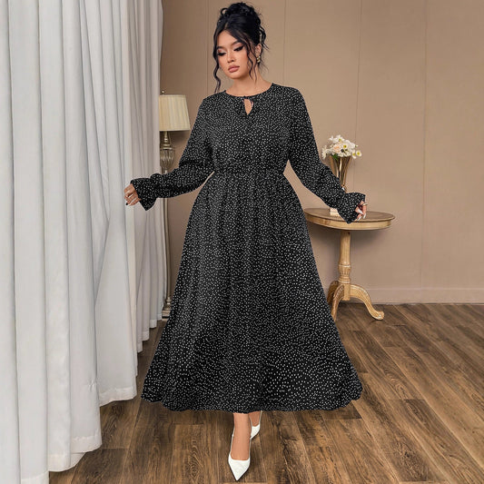 Plus Size Polka Dot Chiffon Dress With Flared Sleeves