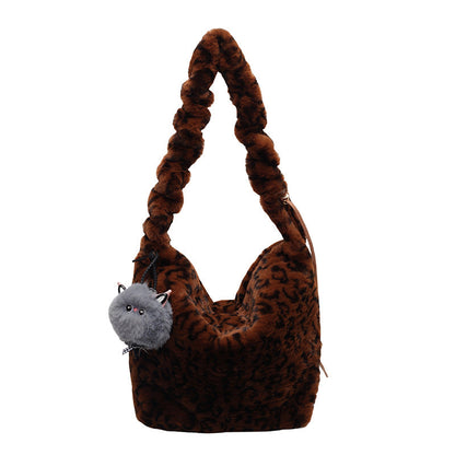 Trendy Leopard Print Plush Shoulder Bag
