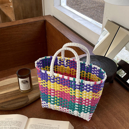 Handwoven Tote Bag Color Block Beach Bag