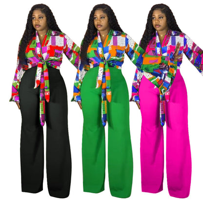 Floral Print Bell Sleeve Top And Wide-Leg Pants Set