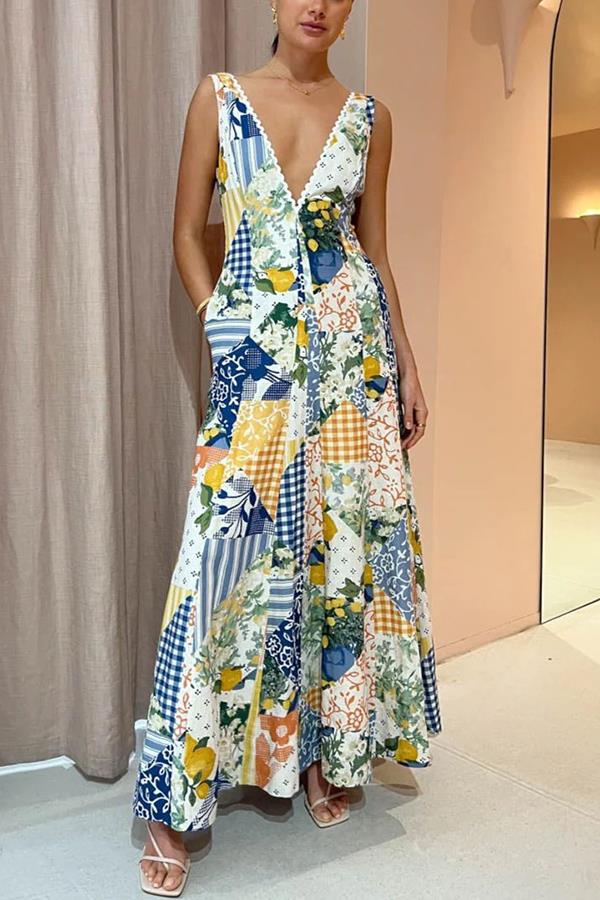 Summer Sleeveless Large V-Neck Large Swing Printed Casual Dress