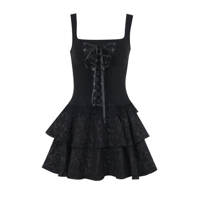 Black Sleeveless Bodycon Mini Dress with Square Neck and Lace Up Details
