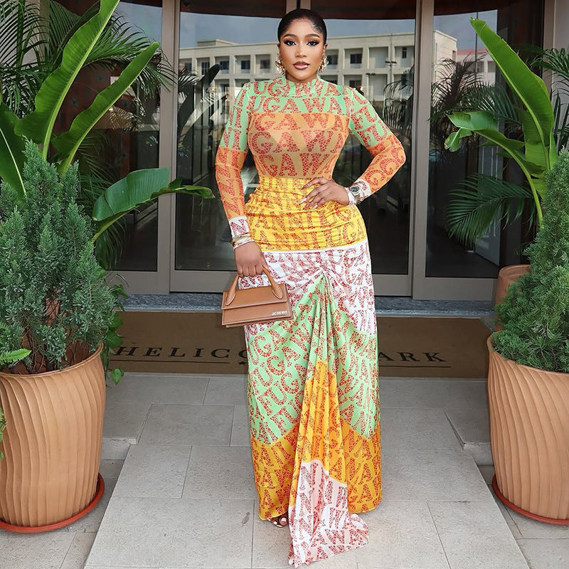 Elegant Printed Bodycon Dress With High Neck Long Sleeves