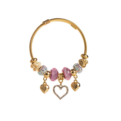 Heart-Shaped Crystal Bracelet Adjustable Handcrafted Stainless Steel Bangle