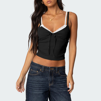 Fashionable Color Block Lace Overlay Cami with Bow Double Shoulder Straps