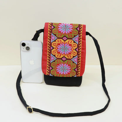 New Ethnic Embroidery Canvas Embroidered Double-Layer Mobile Phone Bag Change One-Shoulder Messenger Bag