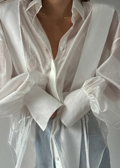 Oversized Cotton Blend Shirt with Ribbon Tie Sleeves