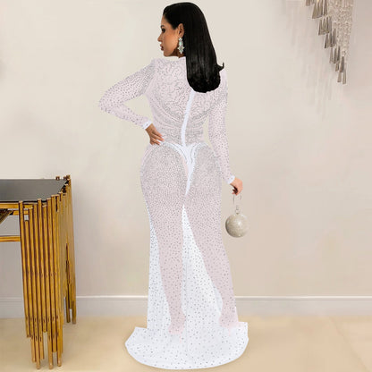 Hot Drill Women'S Mesh See-Through Long-Sleeved Slit Dress Women