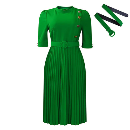 Elegant Solid Color Pleated Button Dress With Belt