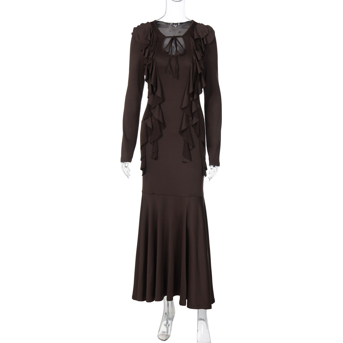 Fashion Ruffled Tie Waist Long Sleeve Dress in Coffee