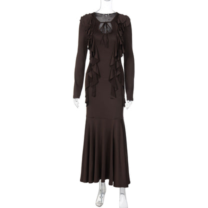 Fashion Ruffled Tie Waist Long Sleeve Dress in Coffee
