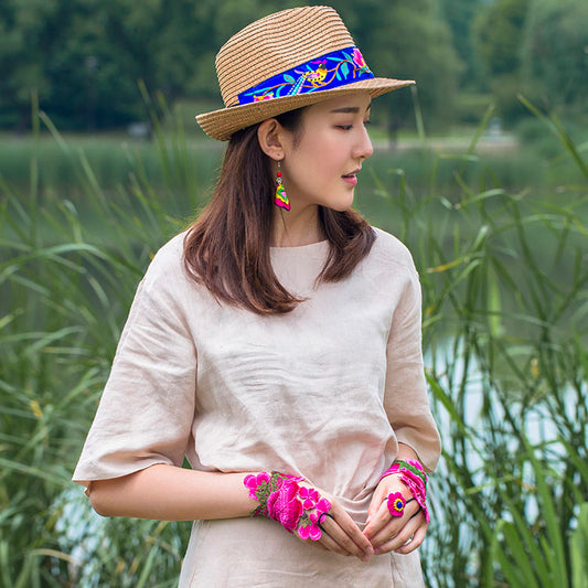 National Style Embroidered Hat Straw Hat Sun-Proof Visor Big Brim Summer Days Ladies National Hat