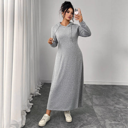 Hooded Gray Dress Elegant Long Sleeve A-Line Dress
