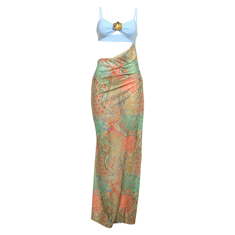 Color Block Backless Maxi Dress Sexy Sleeveless Cutout Floral