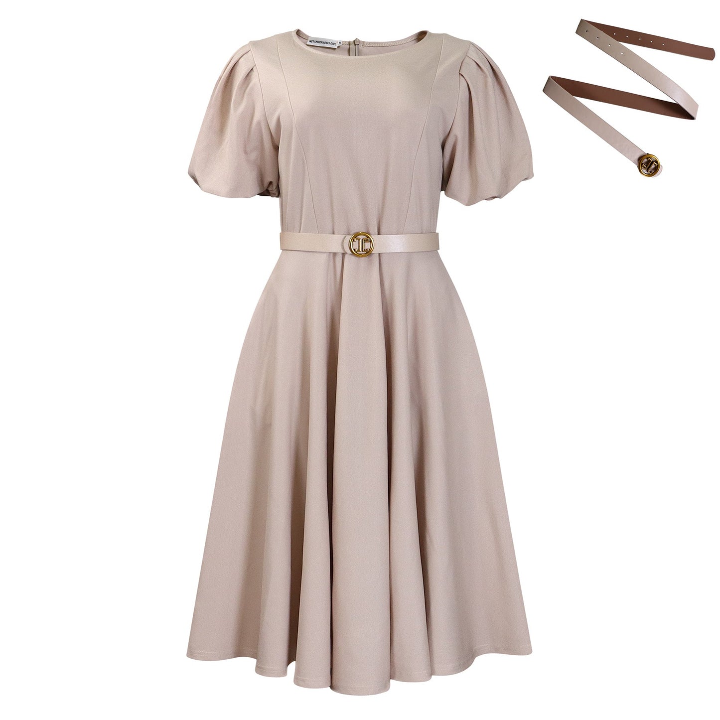 Elegant High-Waist A-Line Dress With Puff Sleeves