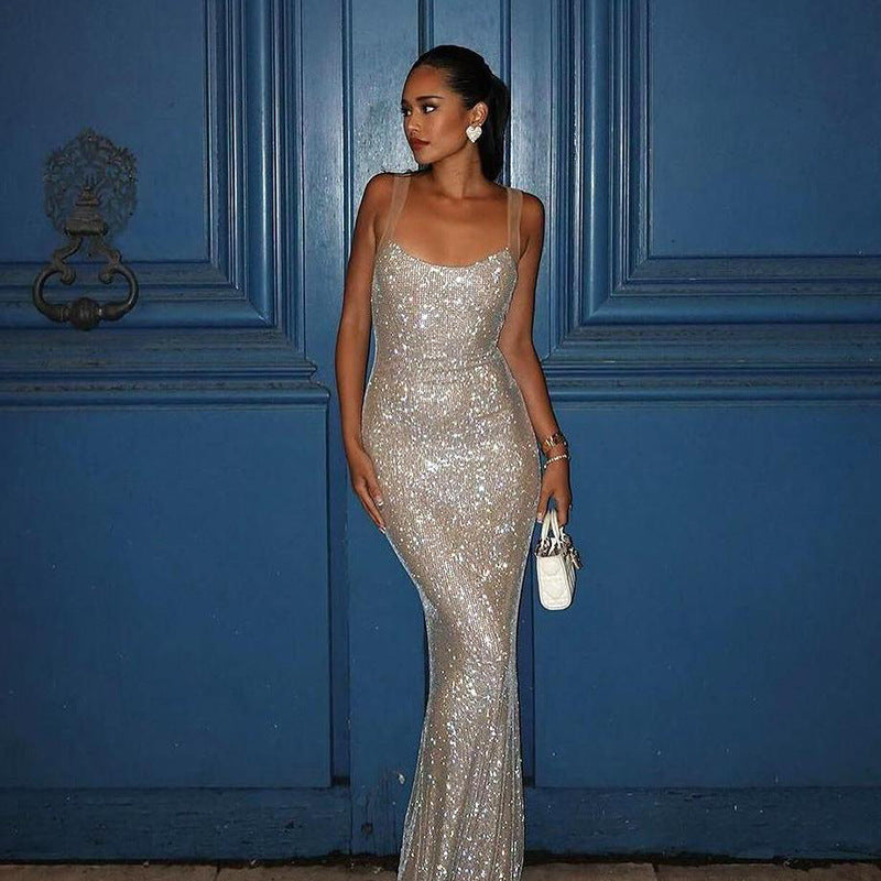 Elegant Sparkling Strap Dress for Women, Slim Fit Long Dress