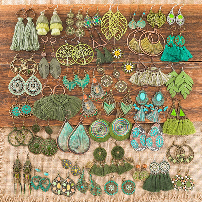 Bohemian Green Forest Earrings Set Artistic Vintage Style Geometric Accessories