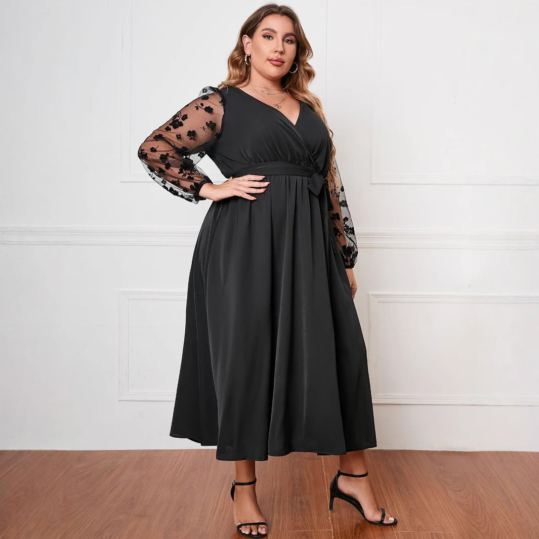 Fashionable Long Sleeve Loose Plus Size Dress with Geometric Pattern