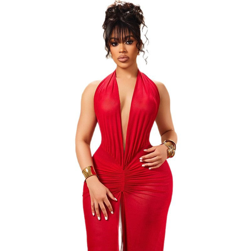 Crossover Backless Bodycon Dress With Deep V Neck