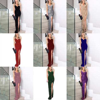 Sexy V-Neck Sequined Maxi Dress Evening Gown