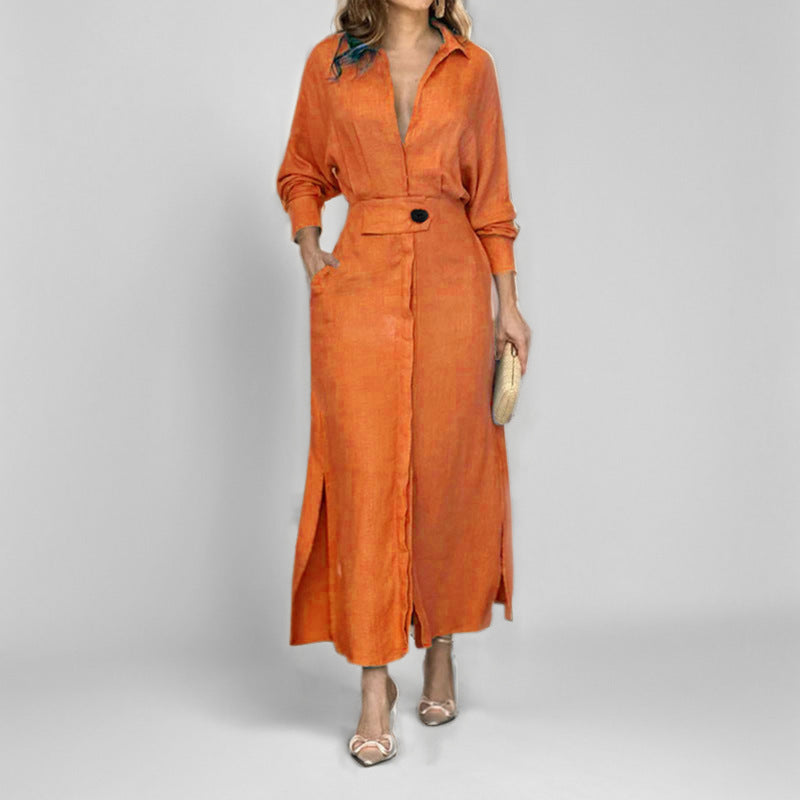 Women's Elegant V-Neck Maxi Dress with Belted Waist