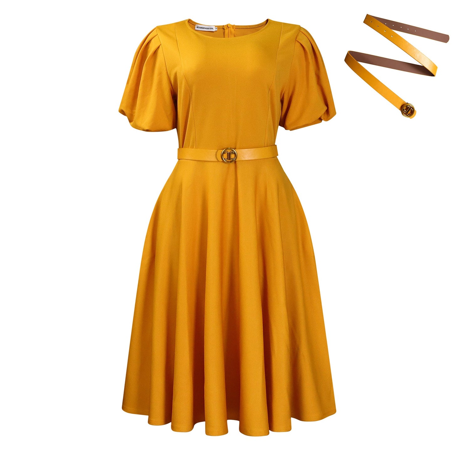 Elegant High-Waist A-Line Dress With Puff Sleeves
