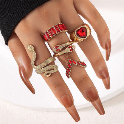 Snake Heart Shaped Gemstone Rings Jewelry Set