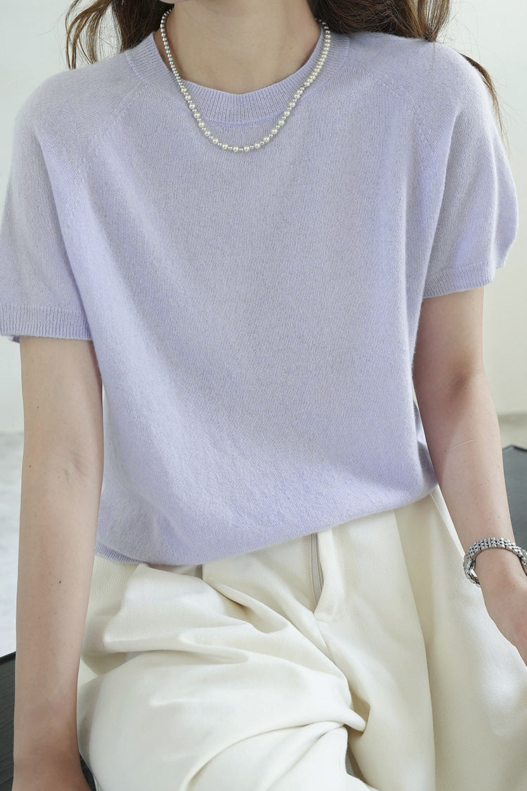 Light Luxury V-Neck Knit Top Soft Cashmere Blend T-Shirt
