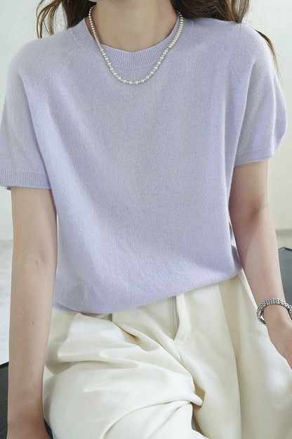 Light Luxury V-Neck Knit Top Soft Cashmere Blend T-Shirt