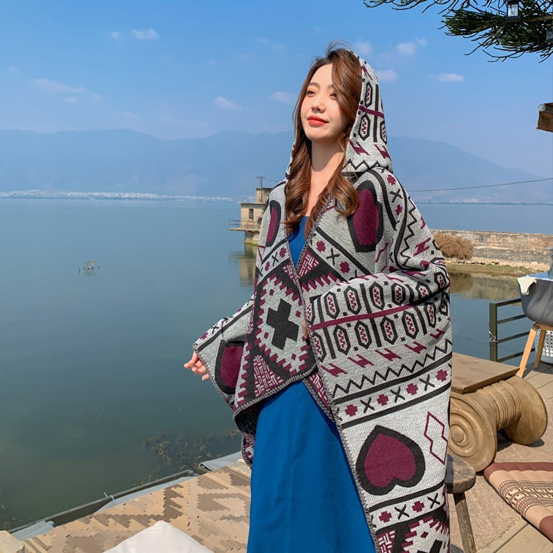 Tibetan Ethnic Shawl Women'S Autumn Hooded Cloak Air-Conditioned Room Warm Cloak Scarf