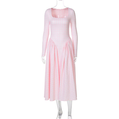 Sexy Checkered Dress Stylish High-Waisted A-Line Dress