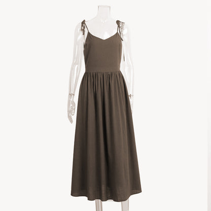 Cotton V-Neck Backless Dress Elegant Casual