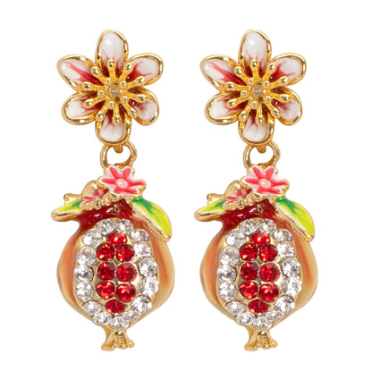 Garnet Flower Enamel Earrings With Rhinestones For Women