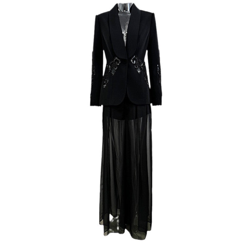 Sheer Panel Beaded Blazer and Chiffon Pants Set