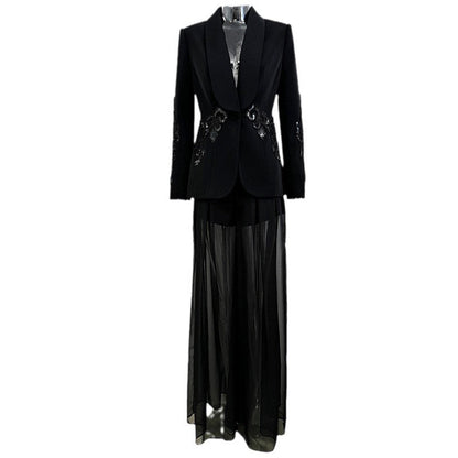 Sheer Panel Beaded Blazer and Chiffon Pants Set