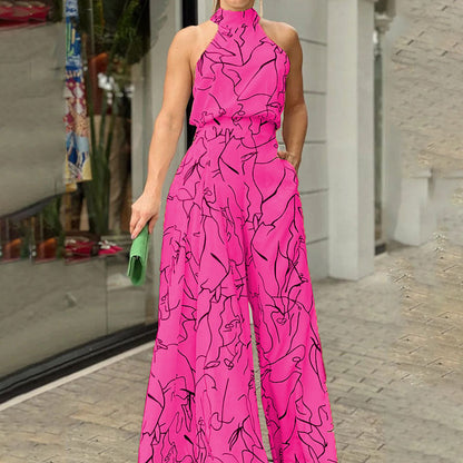 Trendy Floral Print Jumpsuit Stylish Casual High-Waisted Wide-Leg Pants