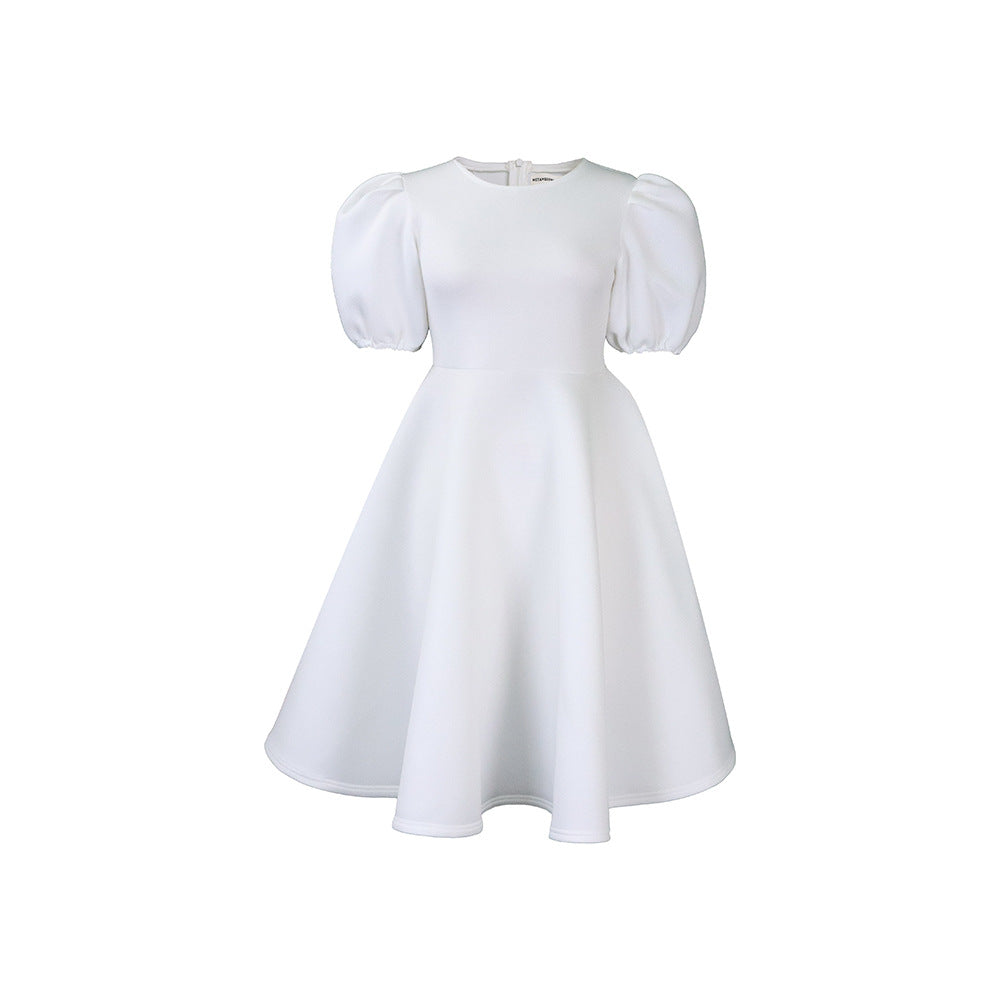 Elegant A-Line Dress With Puff Sleeves And Waist Tie