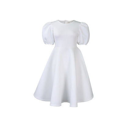Elegant A-Line Dress With Puff Sleeves And Waist Tie