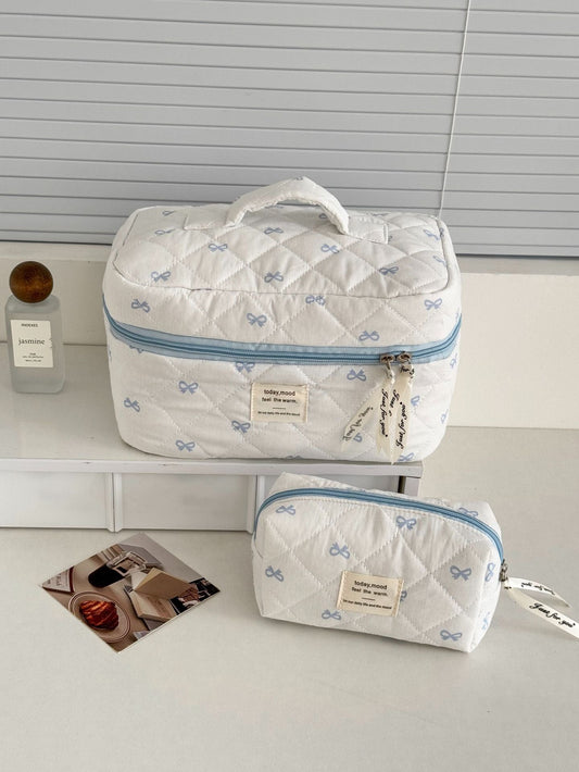 Blue Sweet Bow Cosmetic Bag Stylish Handheld Storage Bag