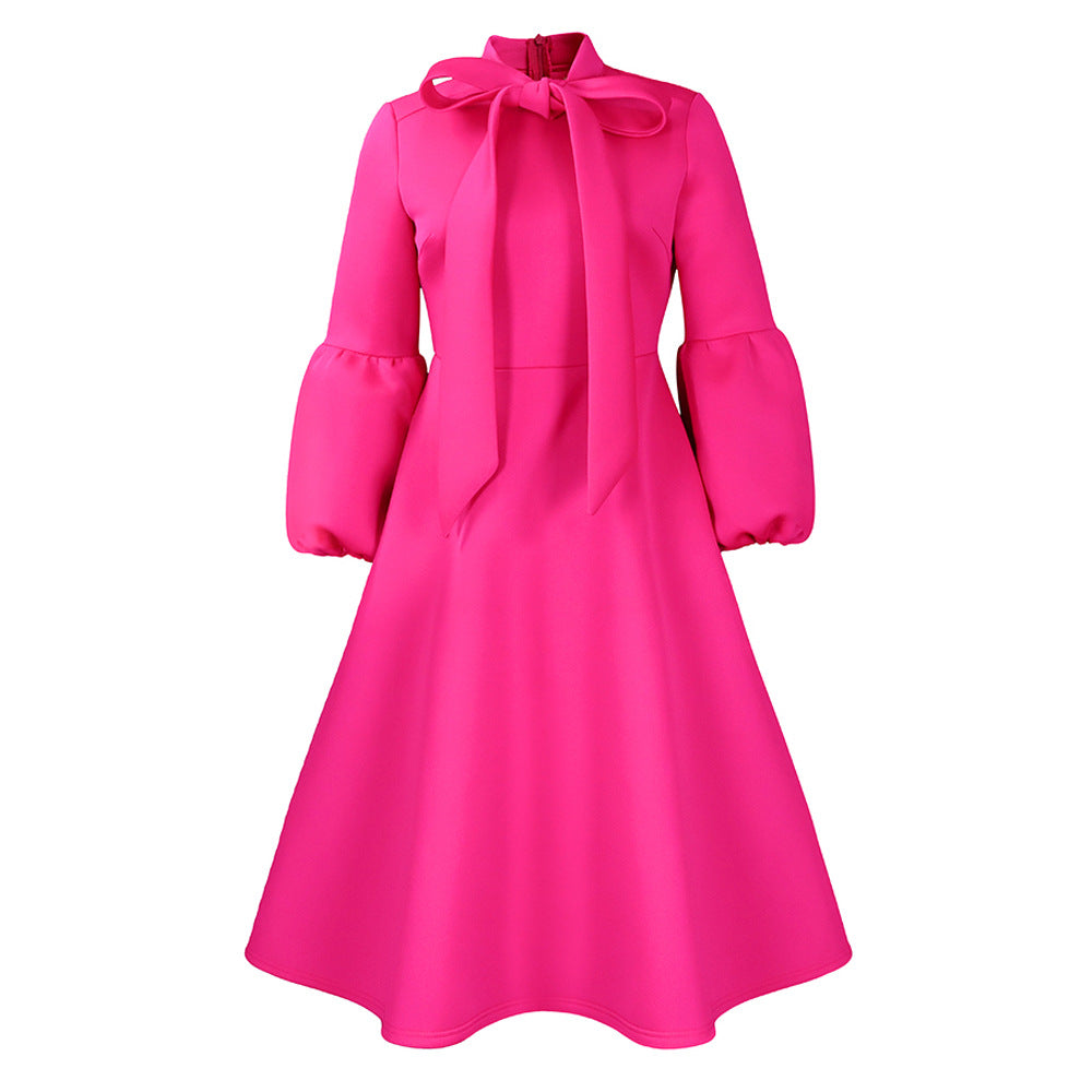 Elegant High-Waisted Dress With Puff Sleeves And Flared Skirt