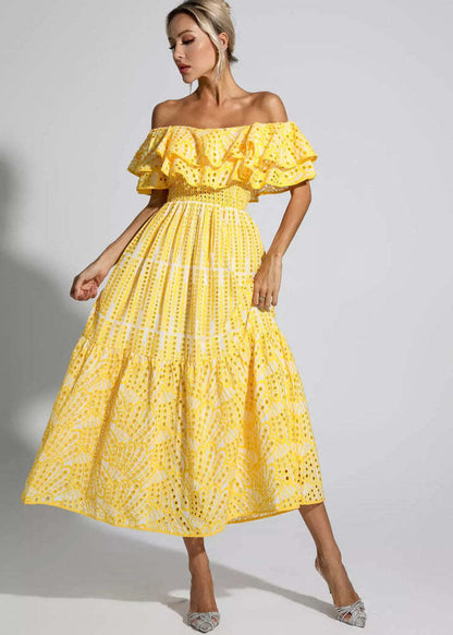 Ruffle Off Shoulder Dress Yellow Embroidered Midi