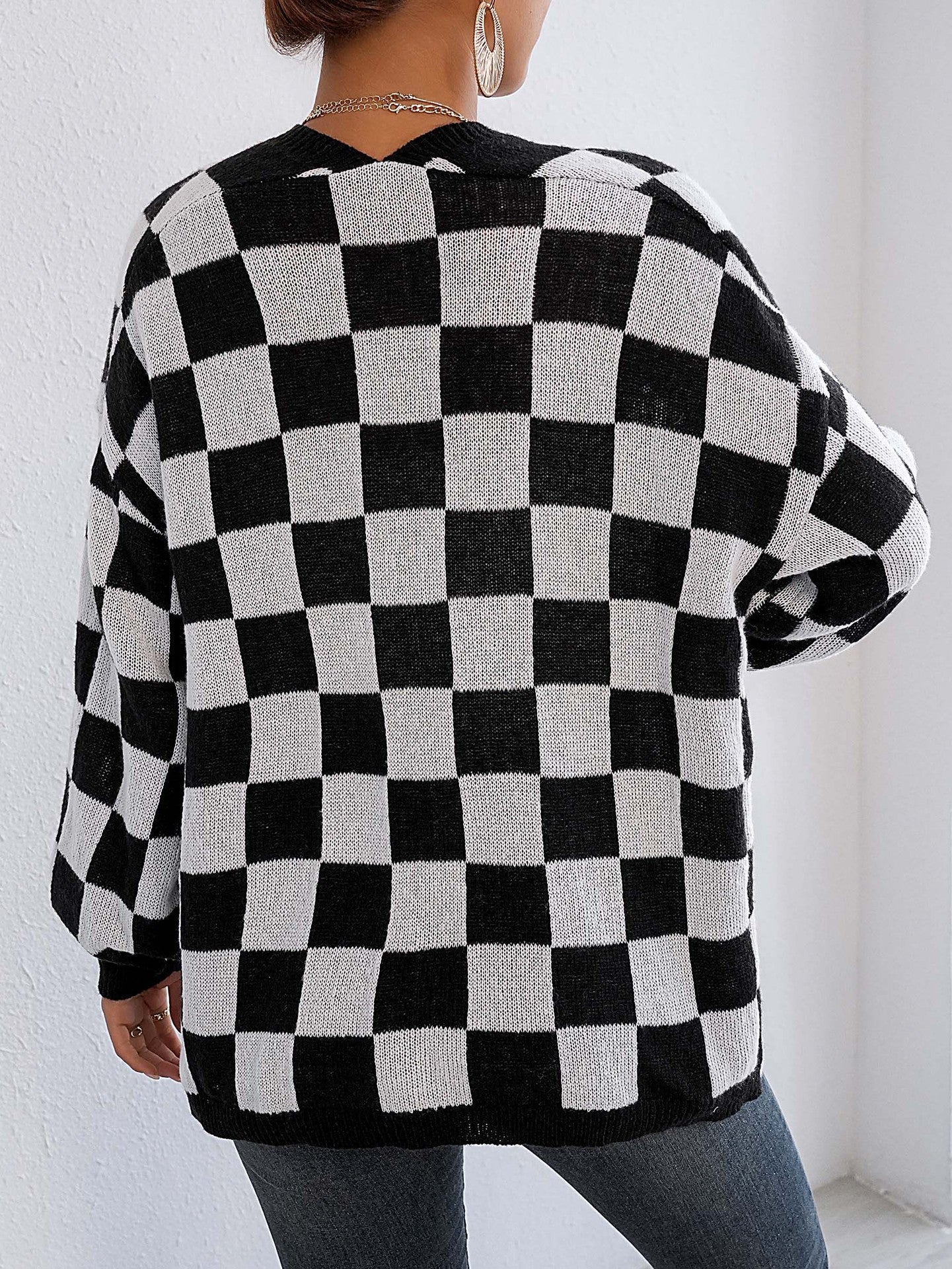 Women鈥檚 Color-Blocked Plaid Knit Cardigan Casual Sweater