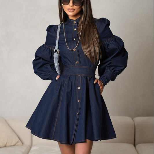 Fashionable Lantern Sleeve Denim Shirt Dress