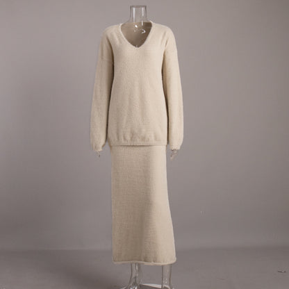 Minimalist V-Neck Knit Sweater Dress Set for Women