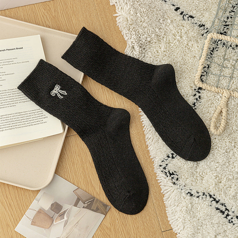 Simple Thicken Warm Bow Embroidery Crew Socks