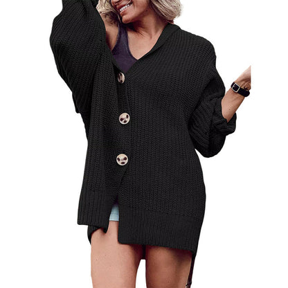 New Women'S Solid Color Lapel Pocket Knitted Cardigan Button Long Coat In Autumn And Winter