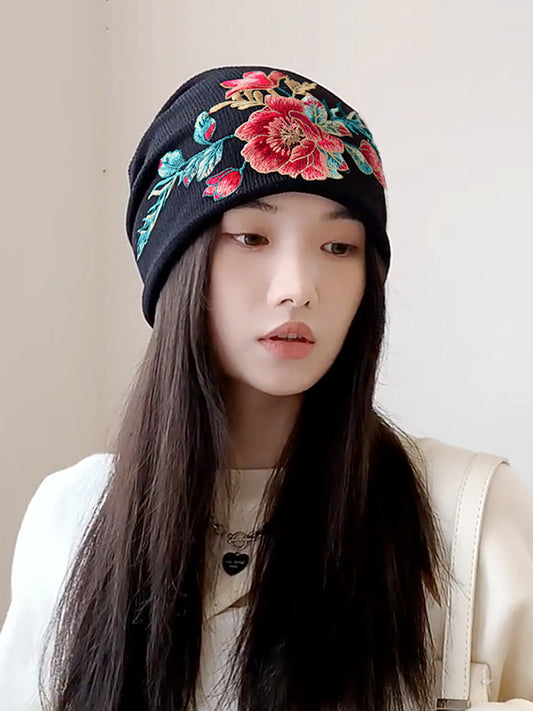 Black Pile Hat Women'S Autumn And Winter Embroidery Thin Postpartum Knitted Woolen Confinement Hat Versatile Bun Cap