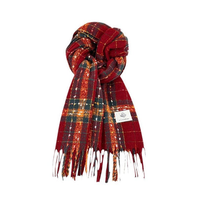 Christmas Warm Color Block Plaid Tassel Scarf