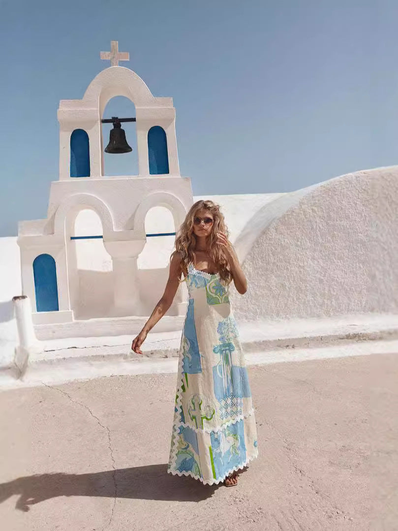 Floral Print Backless Bow Tie A-Line Dress