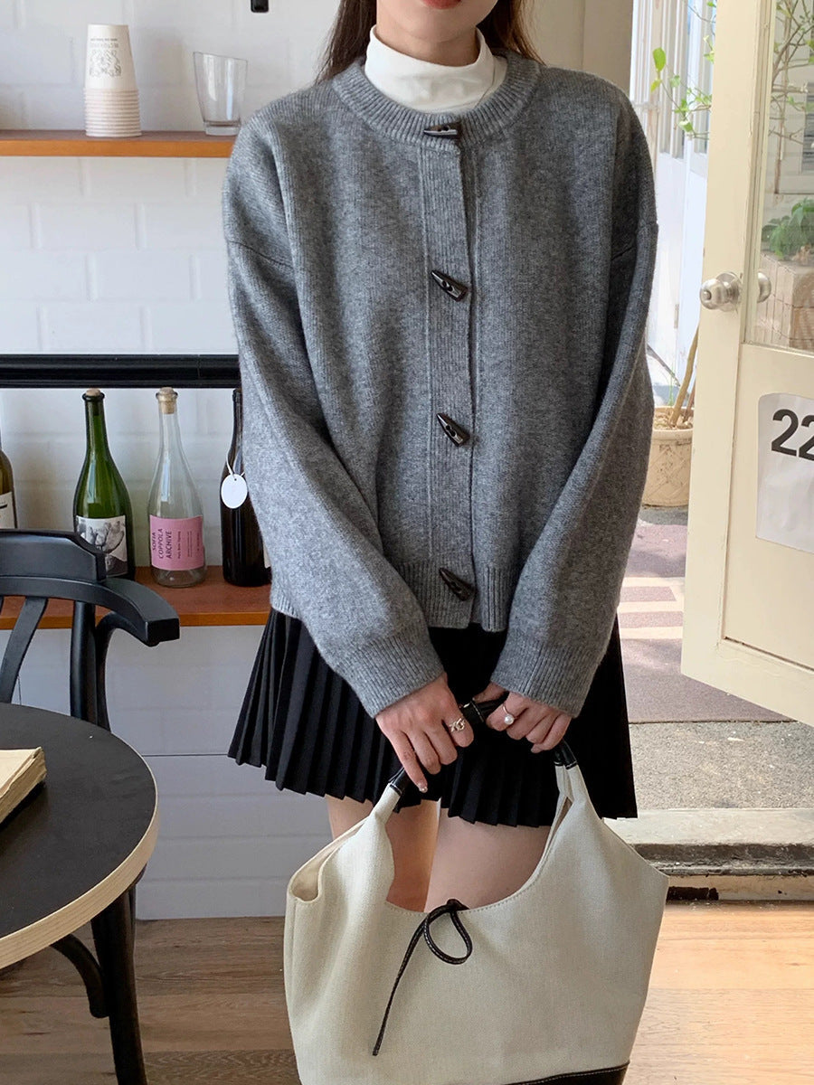 Retro Solid Color Toggle Button Knit Cardigan